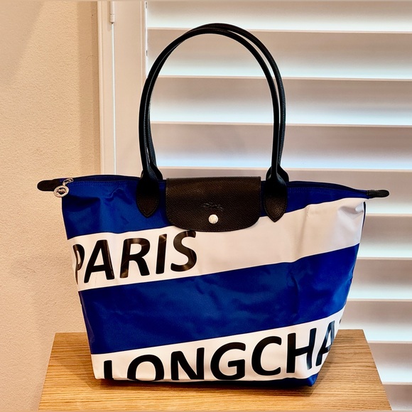 New Authentic Longchamp Paris Le Pliage Blue/White with black leather handles - Picture 1 of 16